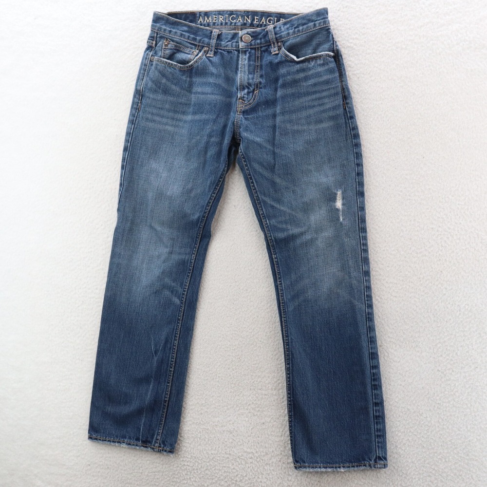 American Eagle Jeans Mens 30x30 Blue Straight Denim Whisker Faded Grunge Y2K